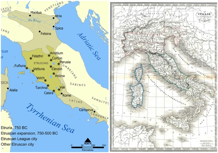Слева направо: Масштабы этрусской цивилизации и двенадцать городов Этрусской лиги. \ Старая карта итальянского полуострова.