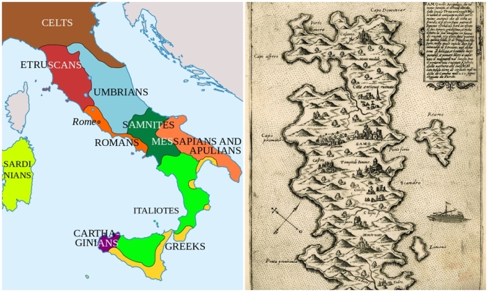 Слева направо: Этнические группы Италии (в соответствии с сегодняшними границами) в 400 году до нашей эры. \ Карта Самоса, Джованни Франческо Камочио, 1574 год.