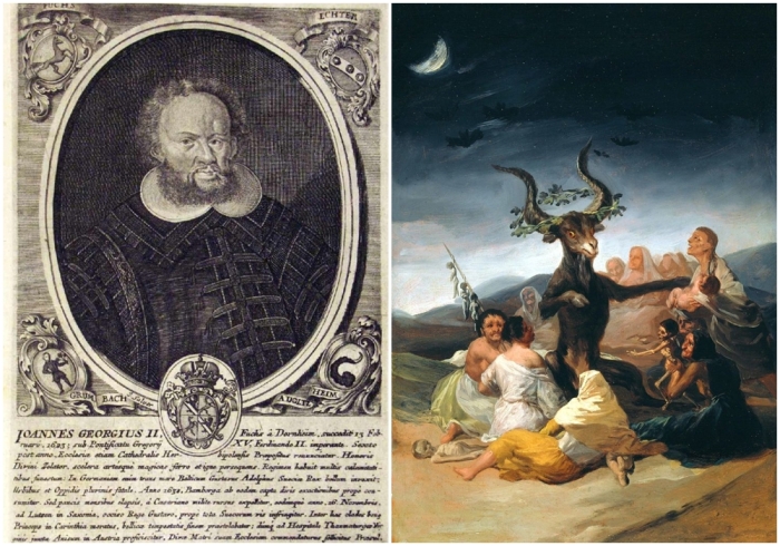 Слева направо: Принц-епископ Иоганн Георг Фукс фон Дорнхайм, гравюра Иоганна Сальвера. \ Шабаш ведьм, Франсиско Гойя, 1797-8 годы.