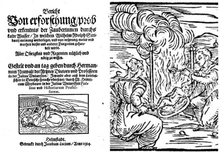 Слева направо: Испытание водой, иллюстрация из книги Германа Нойвальта. \ Приготовление к шабашу, из трактата Франческо Мария Гуаццо, 1608 год.