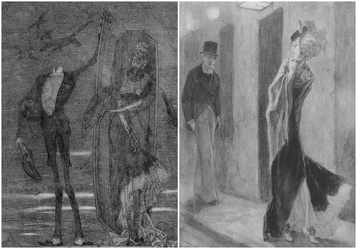 Слева направо: Верховный порок, Фелисьен Ропс, 1884 год, иллюстрация к одноимённому роману Жозефина Пеладана. \ Человеческая пародия, Фелисьен Ропс, около 1880 года.