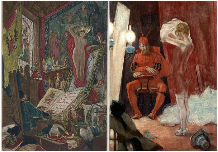 Слева направо: Иллюстрация из книги Октав Юзаны, Фелисьен Ропс. \ За кадром, Фелисьен Ропс, 1878-1880 годы.