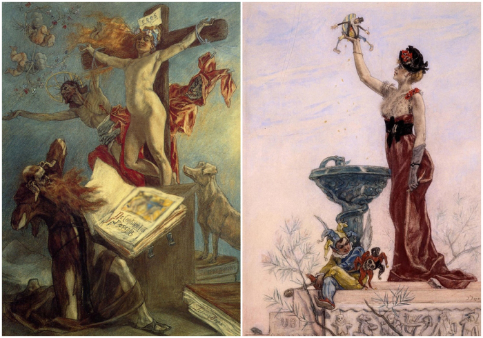 Слева направо: Искушение святого Антония, Фелисьен Ропс, 1878 год. \ Дама с марионеткой, Фелисьен Ропс, 1885 год.