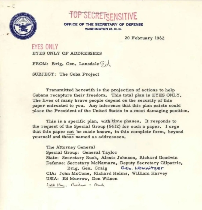 Совершенно секретное обращение генерала Эдварда Лэнсдейла, в котором говорилось о важности конфиденциальности для проекта Куба, 1962 год. \ Фото: bing.com.