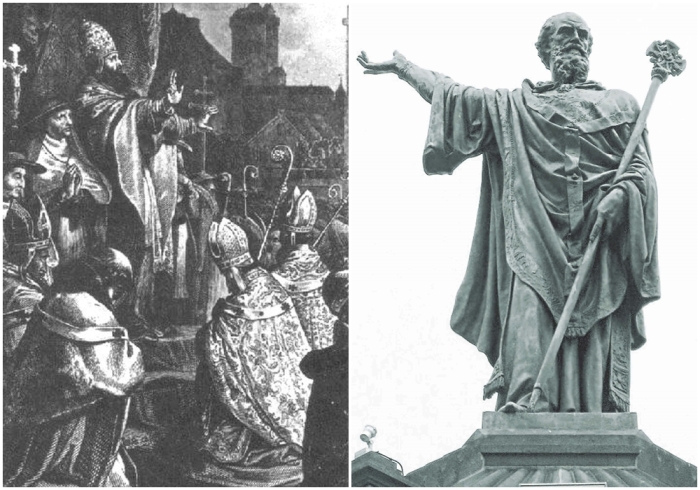 Слева направо: Папа Урбан II на Клермонском соборе благословляет крестовый поход. \ Памятник Урбану II в Клермон-Ферране