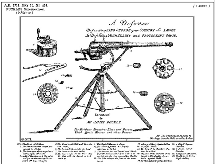 Ружьё Пакла. Показаны цилиндры для круглых и квадратных пуль, иллюстрация из патента 1718 года. \ Фото: wikipedia.org.