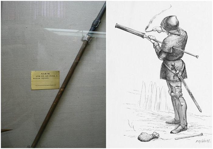 Слева направо: Ручная пушка Мин, с втулкой, 1505 год. \ Швейцарский солдат стреляет из ручной пушки с пороховым мешком и шомпол у его ног, ок. конец XIV века.