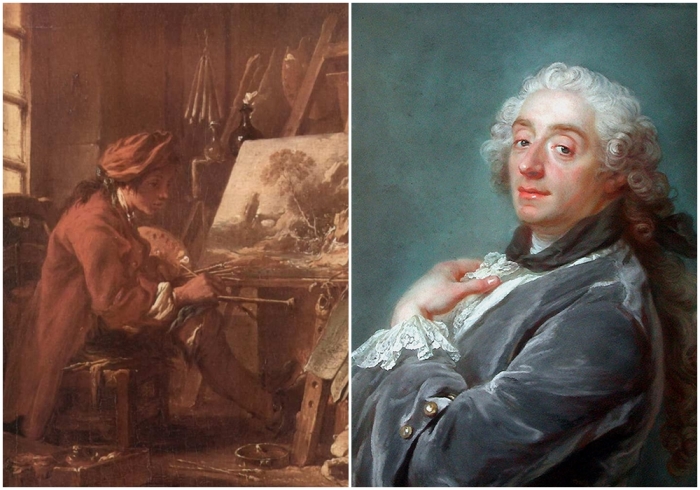 Слева направо: Автопортрет в студии, 1720 год, Лувр. \ Портрет Франсуа Буше кисти Густава Лундберга, 1741 год.