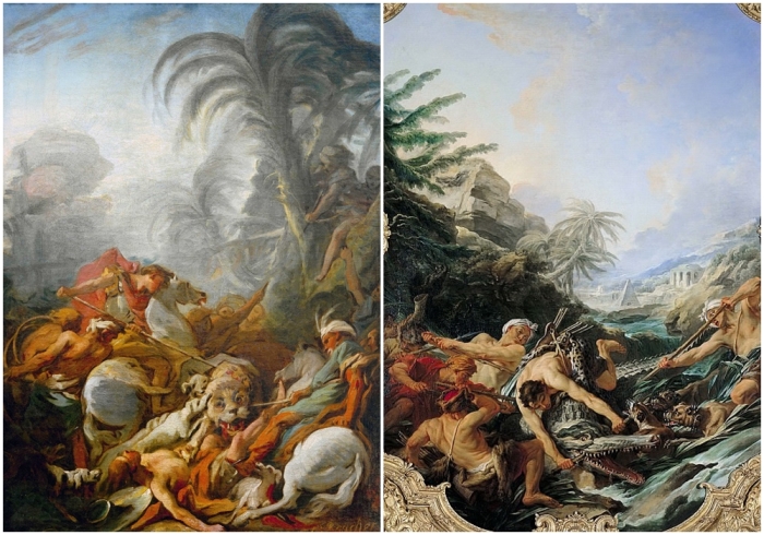 Слева направо: Охота на тигра, Франсуа Буше. \ Охота на крокодила, Франсуа Буше.