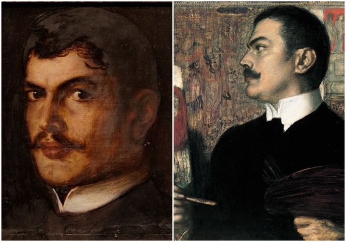 Слева направо: Франц фон Штук, Автопортрет, 1899 год. \  Франц фон Штук, Автопортрет в мастерской, 1905 год.
