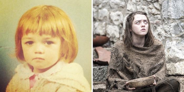 Мэйси Уильямс в детстве и в роли Арьи Старк в сериале «Игра престолов».