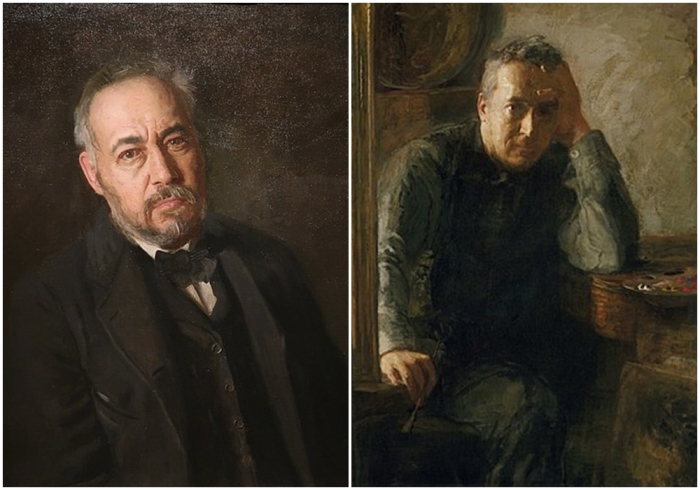 Слева направо: Томас Каупертуэйт Икинс (Автопортрет), 1902 год. \ Портрет Томаса Икинса работы его жены.