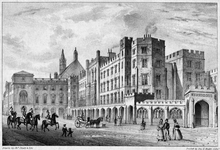 Парламент перед пожаром 1834 года со Старым дворцовым двором на переднем плане. \ Фото: amyrosebennett.com.