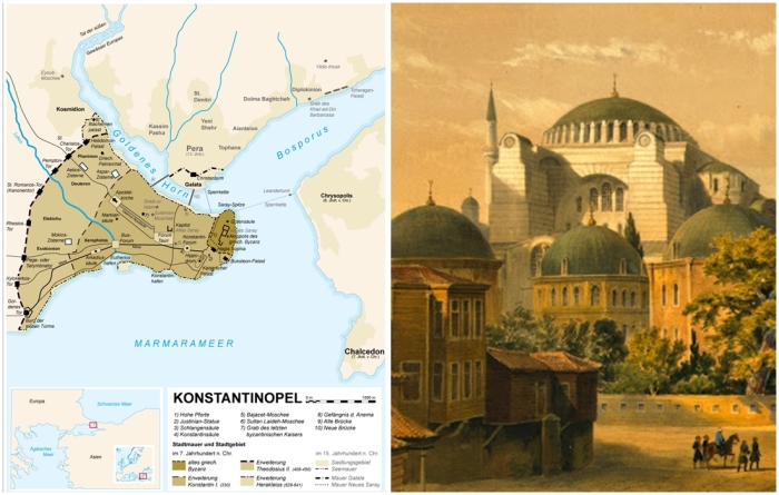 Слева направо: Карта Константинополя во времена Византийской империи./ Город Константинополь.