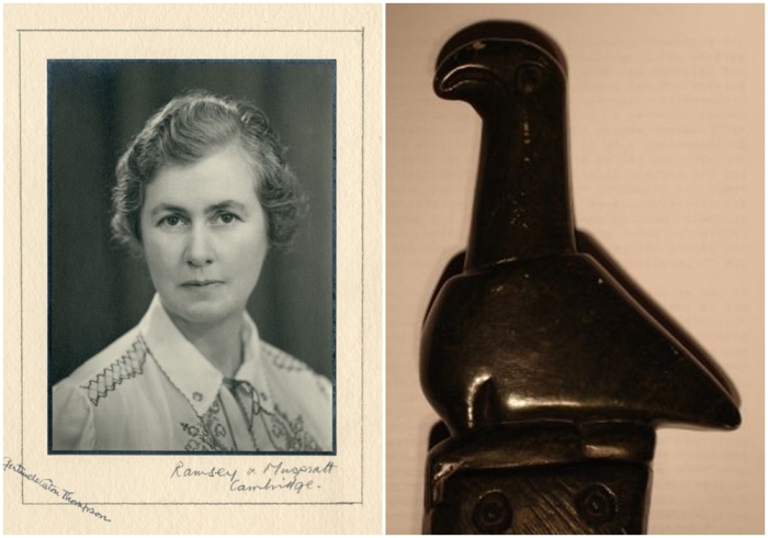 Слева направо: Гертруда Кейтон Томпсон, возглавлявшая археологические исследования Великого Зимбабве в 1929 году. \ Копия скульптуры птицы Зимбабве из мыльного камня.