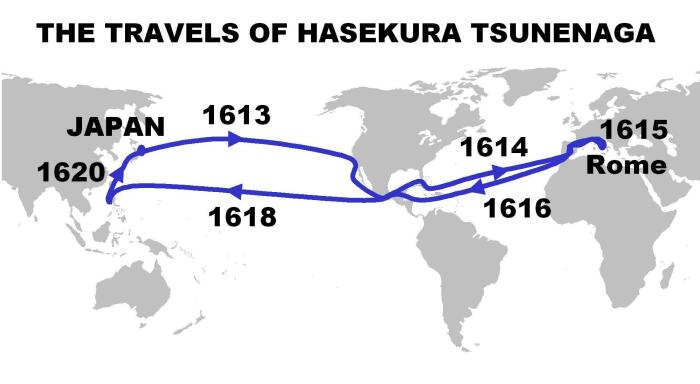 Маршрут и даты путешествий Хасэкуры Цунэнаги. \ Фото: en.wikipedia.org.