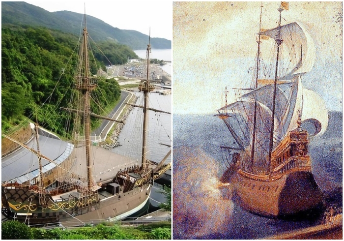 Слева направо: Точная копия построенного в Японии галеона Сан-Хуан-Баутиста в Исиномаки, Япония. \ Деталь корабля.