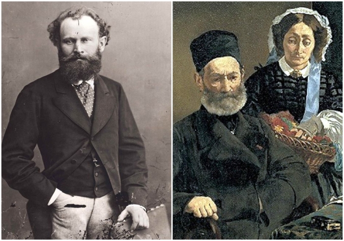 Слева направо: Эдуард Мане, около 1870, портрет работы Надара. \ Огюст и Эжени Мане, родители художника, Мане, 1860, музей Орсе, Париж.
