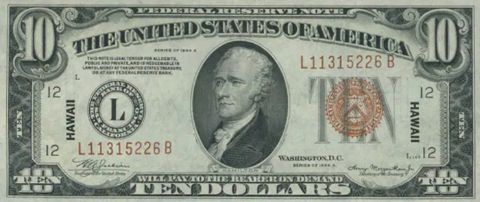 Аверс купюры номиналом 10 долларов 1934/1942 с надпечаткой Гавайи на случай оккупации островов Японией. \ Фото: bing.com.