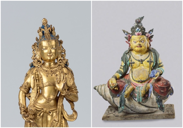 Слева направо: Бодхисаттва Кшитигарбха, позолоченный медный сплав с пигментом, Тибет, XVII век. \ Джамбала - бог удачи и богатства и, соответственно, член семьи драгоценностей. Иногда его отождествляют с индуистским божеством Кубера.