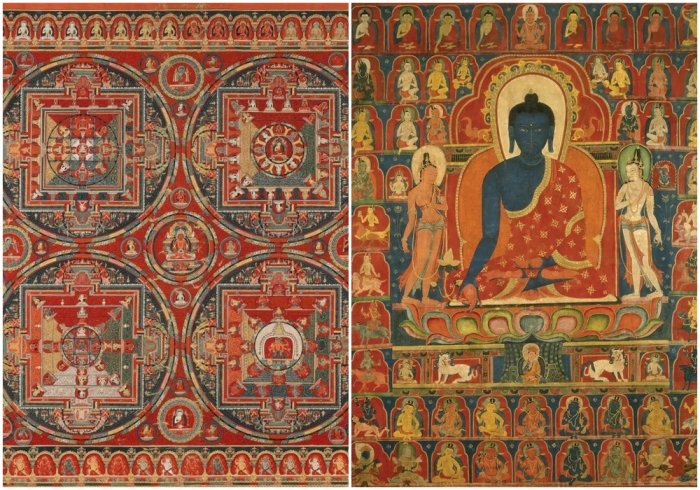 Слева направо: Тханка - древний вид тибетского искусства, сохранившийся в Гималаях на протяжении двух тысячелетий. \ Мандала Бхайшаджьягуру, тханка, Центральный Тибет, XIV век, пигмент и золото на хлопке.