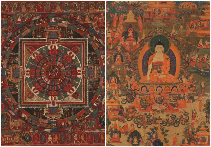 Слева направо: Мандала Чакрасамвары, Тибет, XIV-XV века, пигмент на ткани. \ История жизни Будды Шакьямуни, Тибет, XIX век, пигменты на ткани.