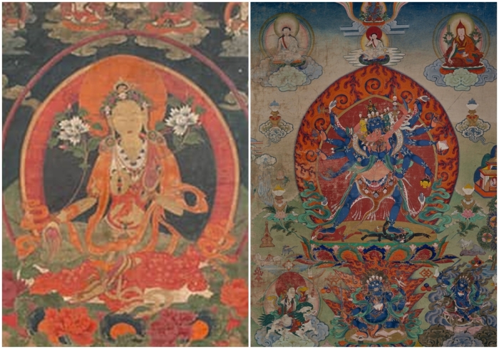 Слева направо: Зелёная Тара — любимое женское божество тибетского буддизма. Она призвана помочь преодолеть мирские опасности или страхи. \ Чакрасамвара с супругой Ваджраварахи, Регион Кхам, восточный Тибет, XIX век, пигмент на ткани.