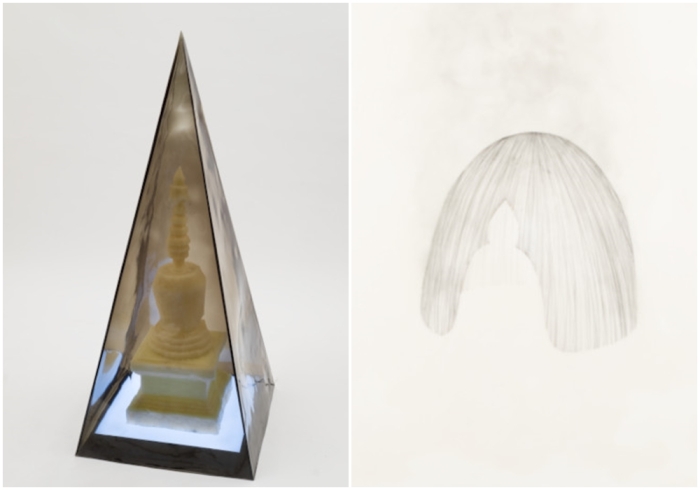 Слева направо: Реликварий, скульптура пирамидальной формы, энкаустический воск, 2012 год. \ Пустое убежище, графит, воск, бумага, картон, 2016 год.