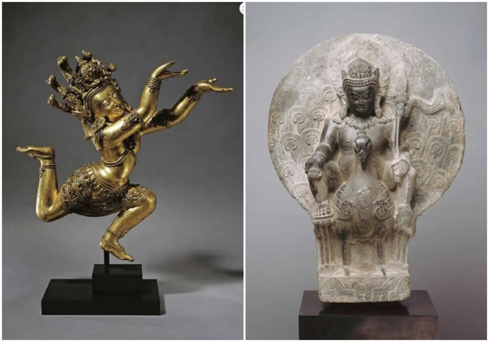 Слева направо: Царь змей (Нагараджа), Центральный Тибет, около 1350-1400 годов, бронза с позолотой и полудрагоценными камнями. \ Кумара, Божественный полководец, Непал, долина Катманду, VIII-IX века, серый сланец.