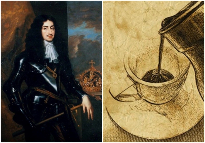 Слева направо: Английский король Карл II. \ Чашечка кофе, рисунок.