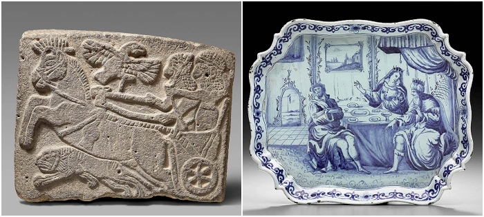 Слева направо: Ортостатический рельеф, изображающий сцену охоты на льва, X-IX век до н. э. \ Блюдо с изображением царя Давида, Вирсавии и  Урии Хеттеянин, 1755 год.