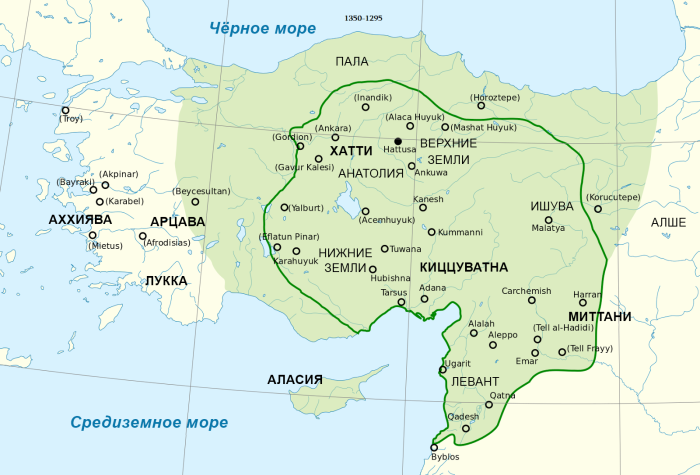 Карта Хеттской империи около 1350-1295 гг. до н. э. в период её наибольшего распространения. \ Фото: wikipedia.org.