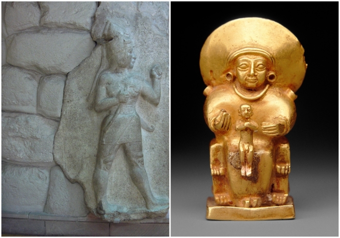 Слева направо: Эта знаменитая фигура вырезана на южных воротах Хаттусы – так называемых Царских воротах. \ Сидящая Богиня с ребёнком, XIV-XIII века до н. э.