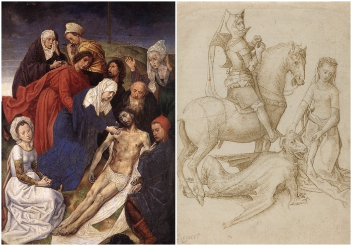 Слева направо:  Правая створка Венского диптиха Оплакивание Христа, Хуго ван дер Гус. \ Святой Георгий и поверженный дракон, Хуго ван дер Гус.