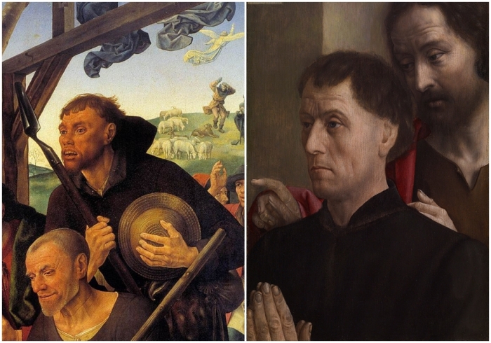 Слева направо: Пастухи из триптиха Портинари, Хуго ван дер Гус. \ Портрет молящегося мужчины с Иоанном Крестителем, Хуго ван дер Гус.