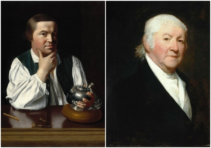 Слева направо: Портрет Пола Ревира, работа Джона Копли, 1768 год. \  Портрет Пола Ревира, Гилберт Стюарт, 1813 год.
