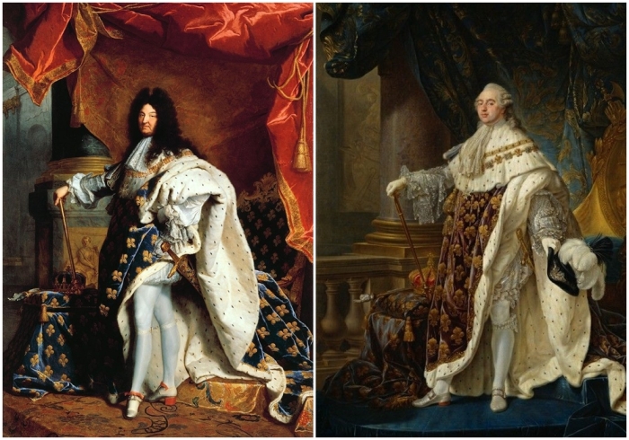 Слева направо: Король Людовик XIV, Гиацинта Риго, 1701 год. \ Портрет короля Людовика XVI, XVIII век.