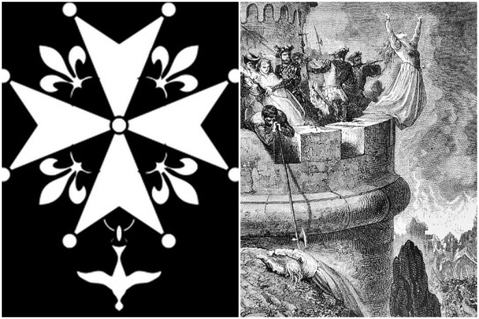 Слева направо: Крест гугенотов. \ Преследование вальденсов во время резни в Мерендоле в 1545 году.