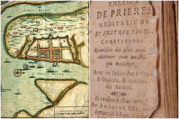 Слева направо: Карта Чарльстона, Южная Каролина, XVIII век. \ Французская Библия, XVI век.