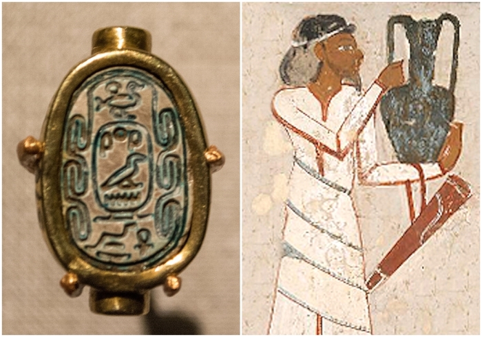 Слева направо: Голубой глазурованный стеатитовый скарабей в золотой оправе с картушем гиксосского правителя Хьяна (Хиана). \ Ретжену, ассоциируемый с гиксосами в некоторых египетских надписях.