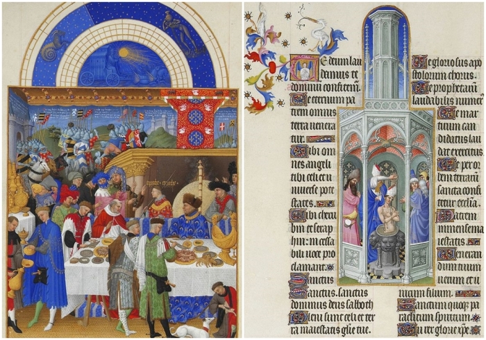 Слева направо: Страница из часослова, на которой домочадцы Жана, герцога Беррийского, обмениваются новогодними подарками (Герцог сидит справа, в синем).\ Крещение святого Августина.