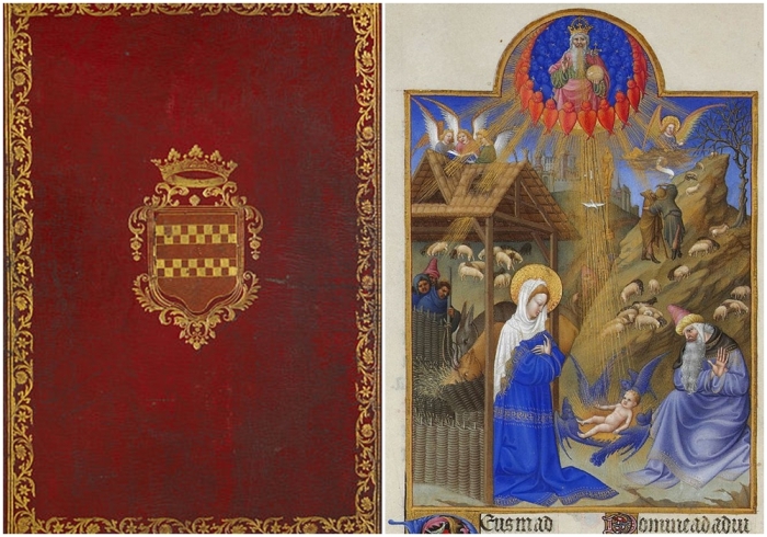Слева направо: Обложка переплетённой рукописи. \ Рождение Иисуса.
