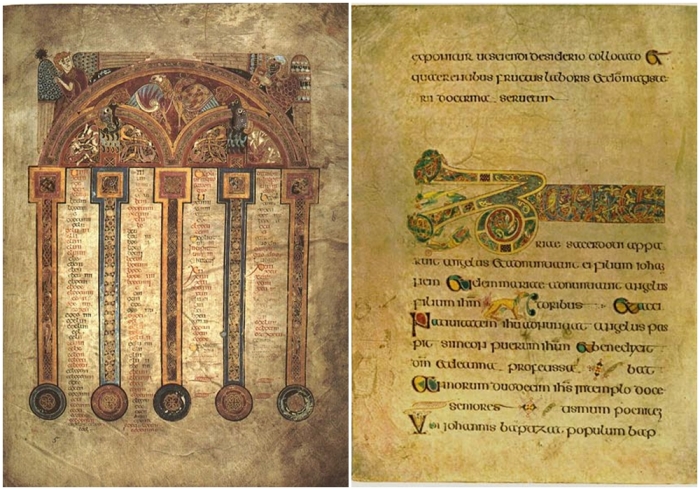 Слева направо: Страница 5 содержит страницу Евсевиевых канонов.\ Страница 19 содержит начало кратких причин Евангелия от Луки.