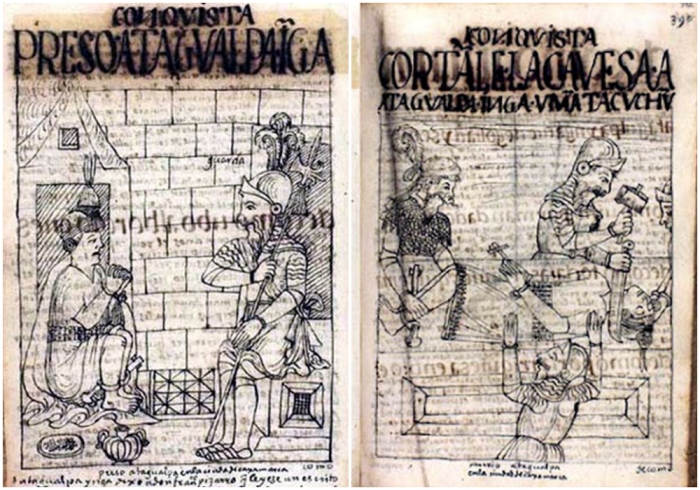 Слева направо: Заключённый Атауальпа. \ Казнь Атауальпы.
