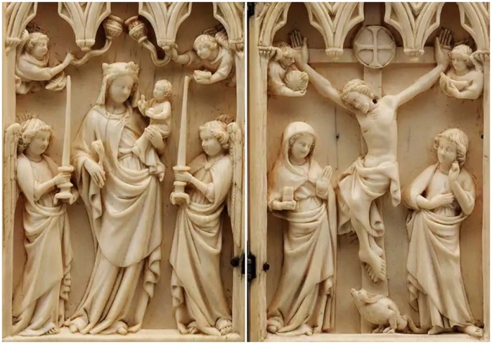 Слева направо: Богородица во славе со святыми. \ Распятие, XIV век, Франция.
