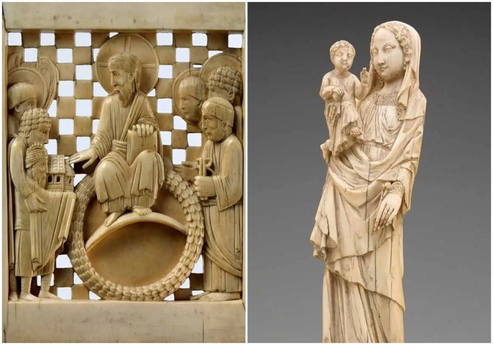 Слева направо: Мемориальная доска с изображением Христа, Оттониан, ок. 962-8 годов. \ Дева с младенцем, Франция, XIV век.