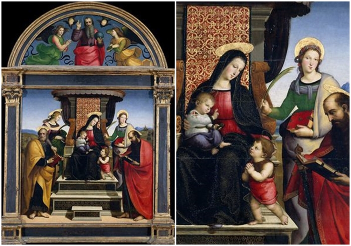 Мадонна с младенцем на троне в окружении святых (алтарь Колонна), Рафаэль, около 1504 года.