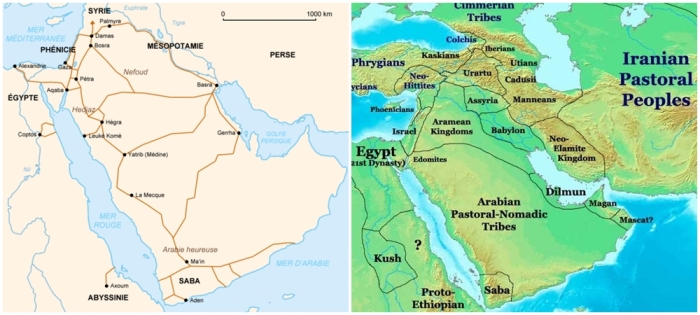 Слева направо: Набатейские торговые пути в доисламской Аравии. \ Дильмун и его соседи в Х веке до нашей эры.