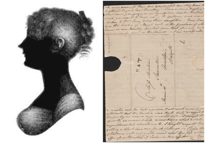 Слева направо: Силуэт Кассандры Остин, сестры Джейн и ближайшей подруги. \ Последняя страница письма Джецн Остин своей сестре Кассандре, 11 июня 1799 года.
