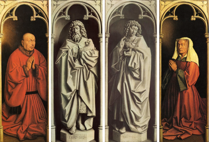 Слева направо: Донатор (заказчик алтаря), Иоанн Креститель, Иоанн Богослов, Жена донатора. \ Фото: wikipedia.org.